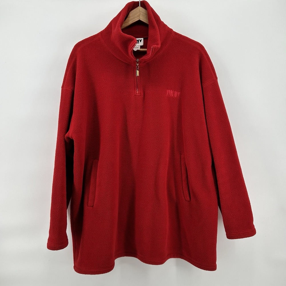 DKNY Jeans Fleece Womens L Red 1/4 Zip USA Made Pullover 90s Vintage